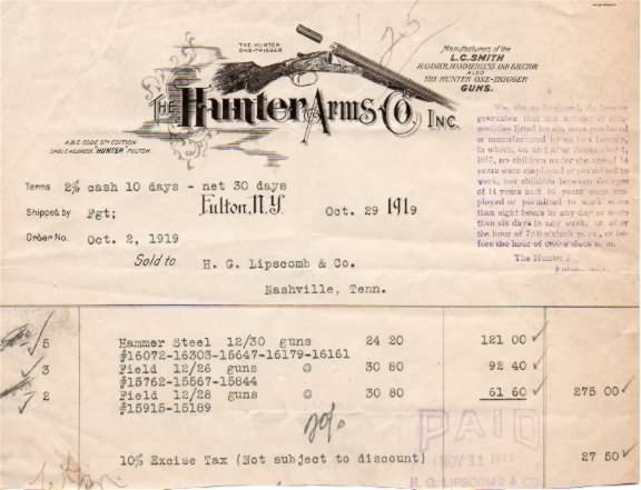 L C Smith 1919 factory invoice