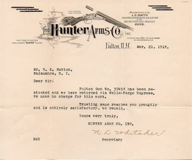 Hunter Arms letterhead